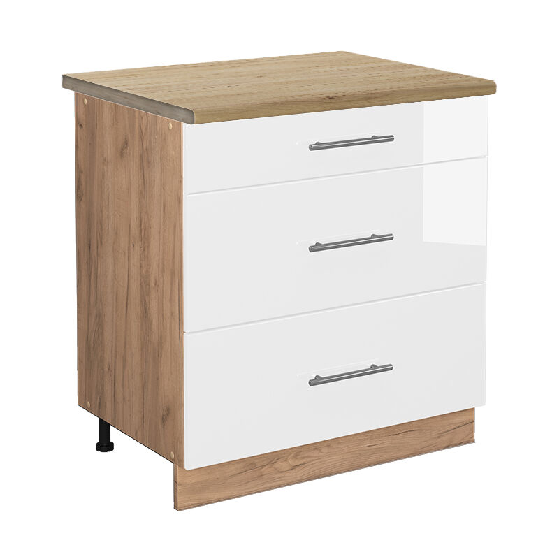 Meuble cuisine Fame-Line, Blanc Haute brillance, 80 cm avec 3 tiroirs, pt Chêne Vicco