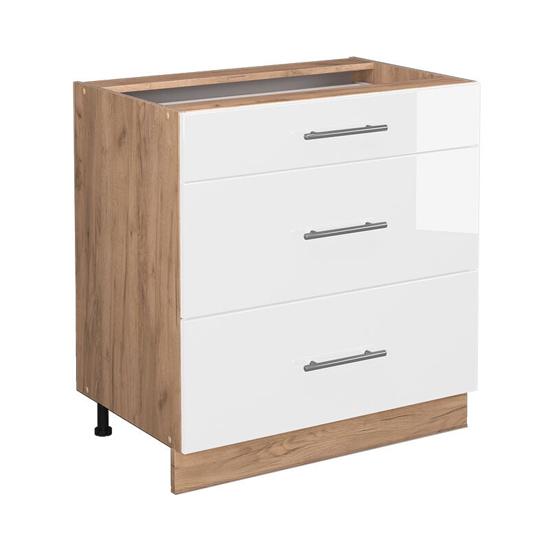 Meuble cuisine Fame-Line, Blanc Haute brillance, 80 cm avec 3 tiroirs, sans plan de travail Vicco