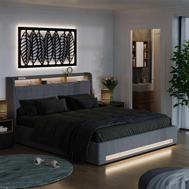 Lit rembourré Christin, gris/chêne, 180x200 avec LED et port USB, Vitalispa