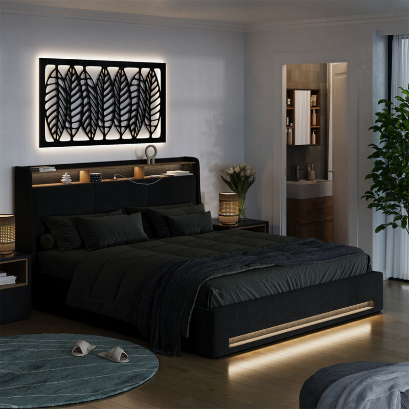 Lit rembourré Christin, anthracite/chêne, 180x200 avec LED et port USB, Vitalispa