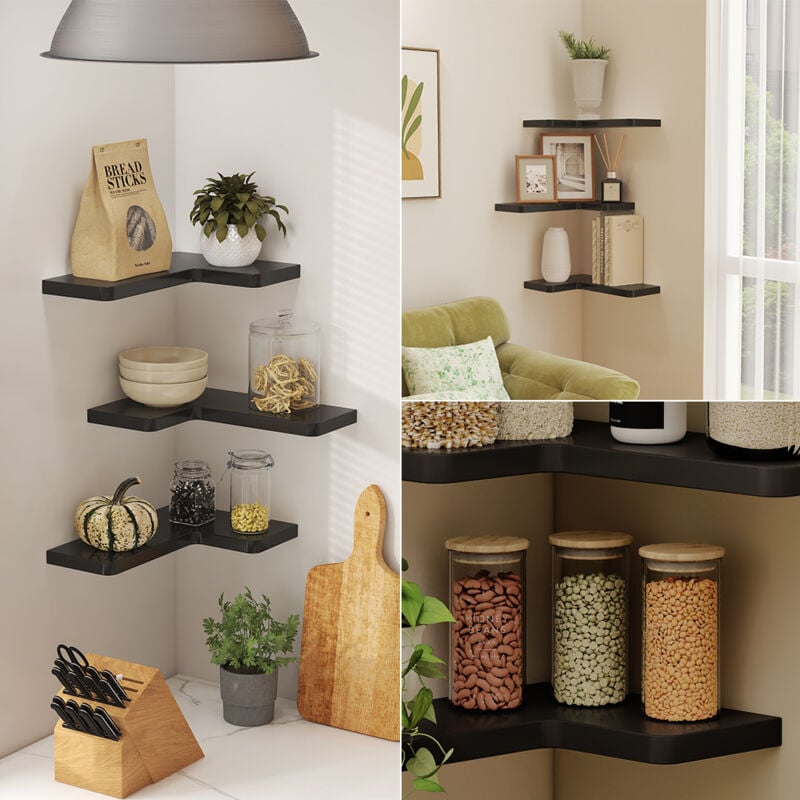 Vicco - tagère d'angle Curva, Noir, 40.5x2.5cm Lot de 3