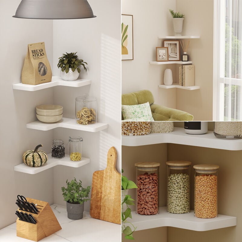 Vicco - tagère d'angle Curva, Blanc, 40.5x2.5cm Lot de 3