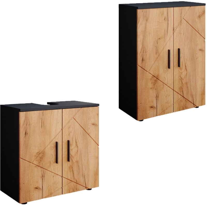 Vicco - Meubles bain Irma, Chêne doré/anthracite, 2 pièces, avec armoire de milieu