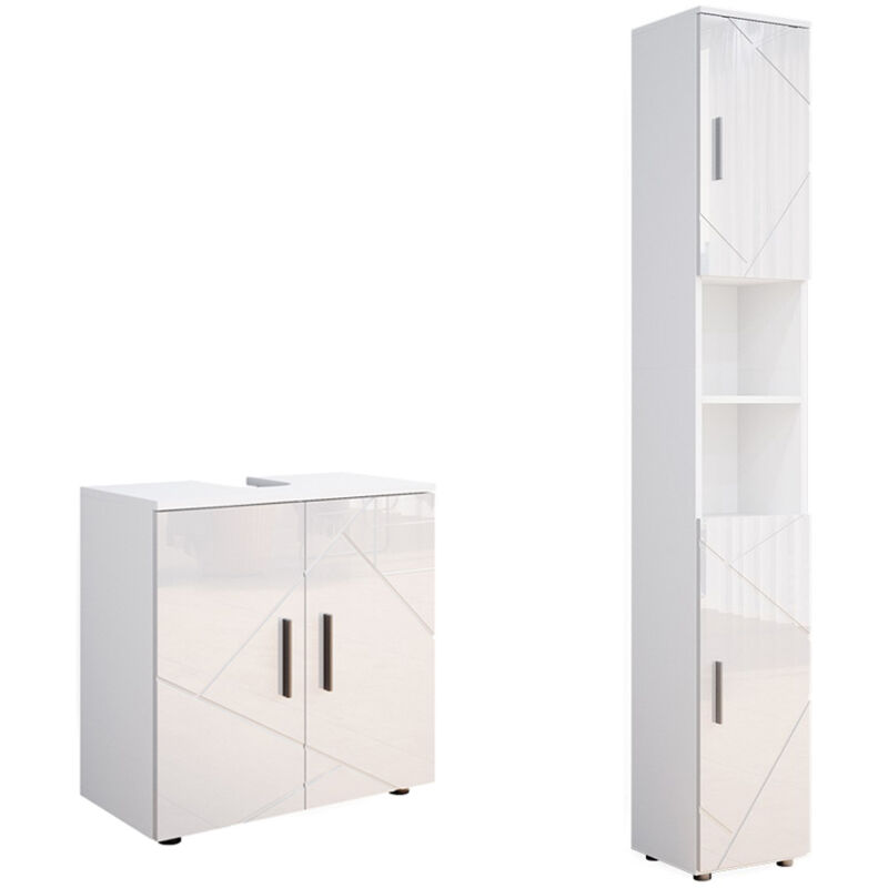 Vicco - Meubles bain Irma, Blanc Haute brillance, 2 parties, avec armoire haute