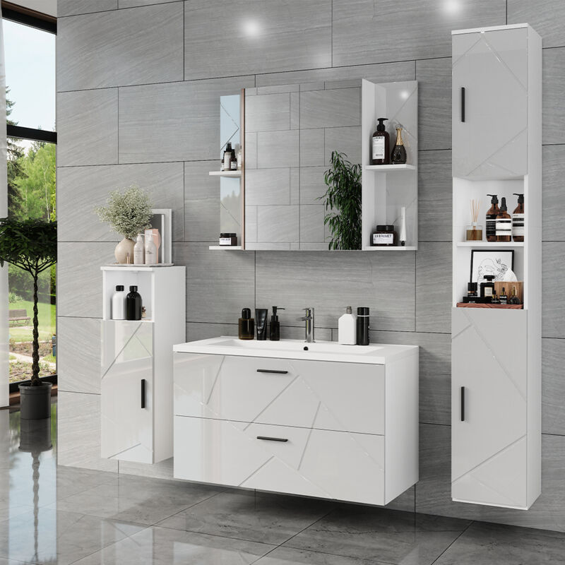 Ensemble de meubles de salle de bain Irma, blanc/blanc brillant, 5 pièces, Vicco