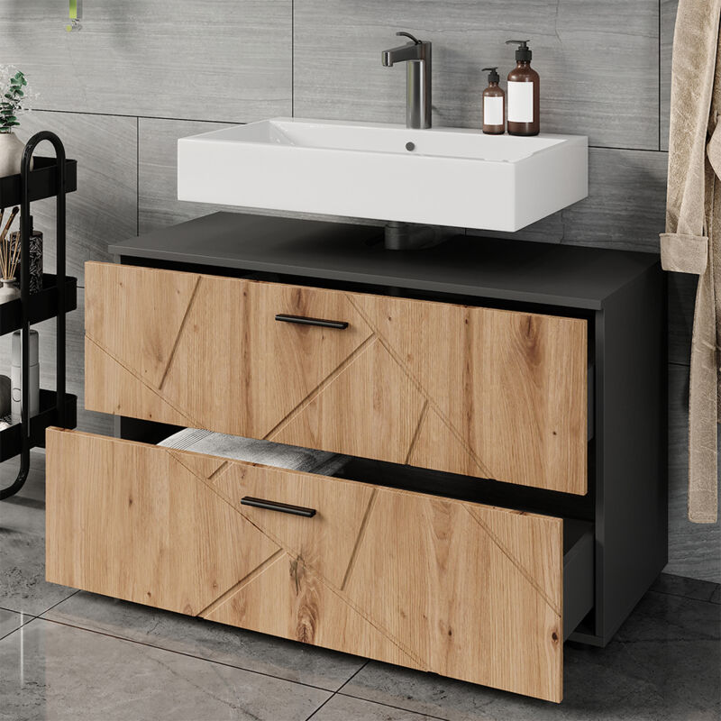 Meuble sous vasque Irma, Anthracite/chêne doré, 100.1x60.6cm avec 2 tiroirs, Vicco