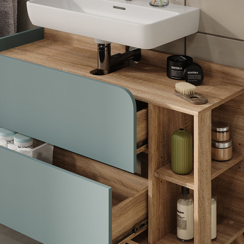 Vicco - Meuble sous vasque Karen, Sonoma/Bleu, 100x65cm avec 2 tiroirs