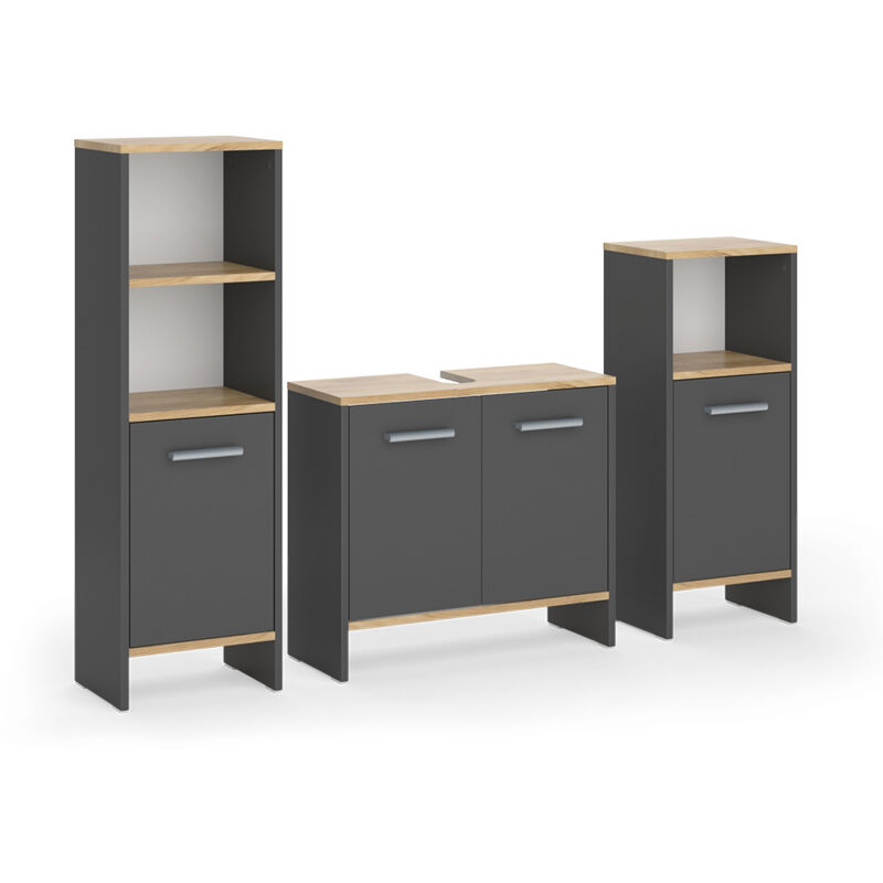 Vicco - Meubles bain Karli, Anthracite/chêne doré, 3 pièces