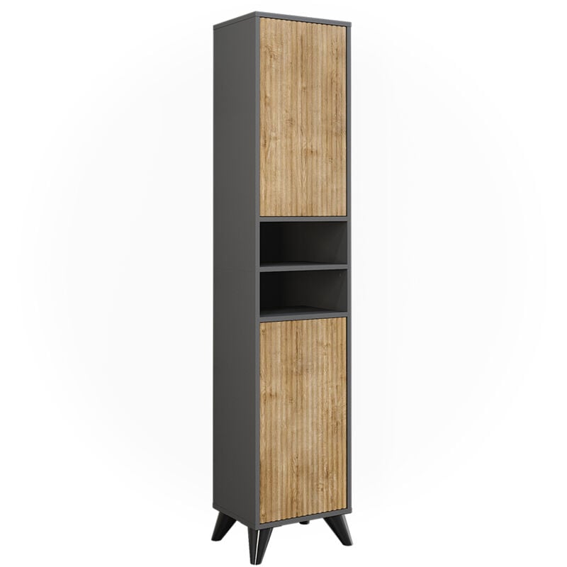 Vicco - Armoire de salle de bain Leano, Anthracite/Chêne de montagne, 38x180cm avec 2 portes