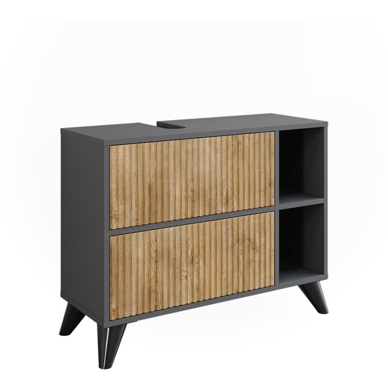 Meuble sous vasque simple Leano, Anthracite/Chêne de montagne, 80x62cm avec 2 tiroirs, Vicco