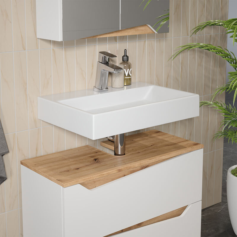 Vicco – Meuble sous vasque simple 80x57.5cm – 2 tiroirs – Panneau de particules 16mm – Revêtement en résine mélaminée – Blanc/Artisan
