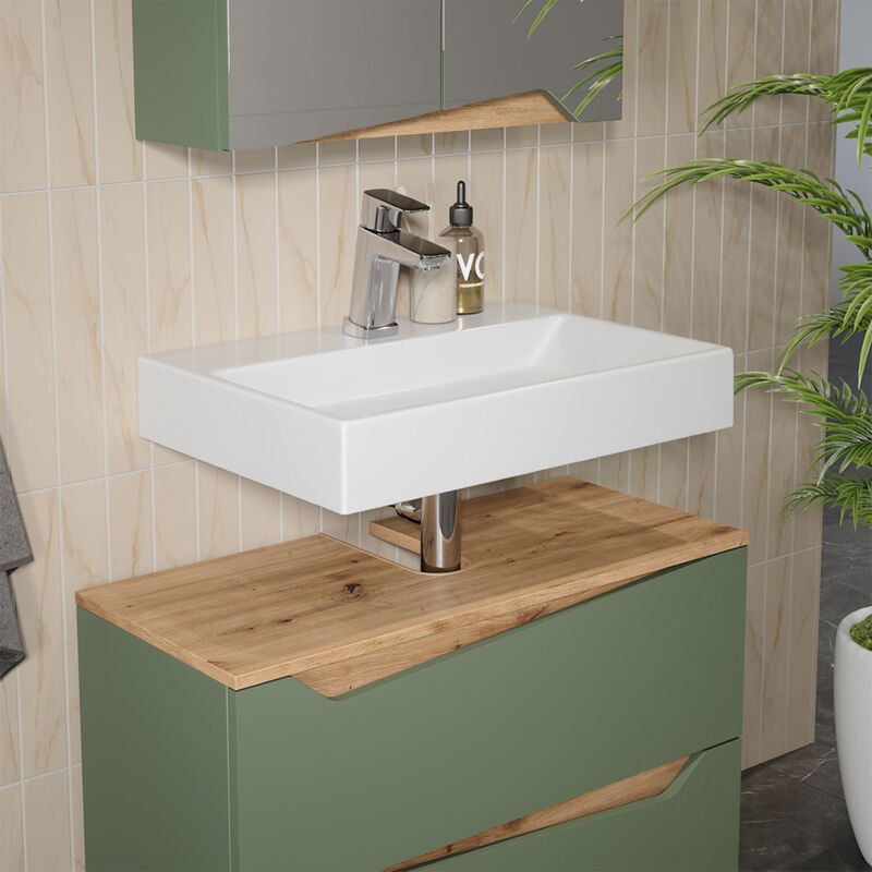 Vicco – Meuble sous vasque simple 80x57.5cm – 2 tiroirs – Panneau de particules 16mm – Revêtement mélamine – Vert/Artisan