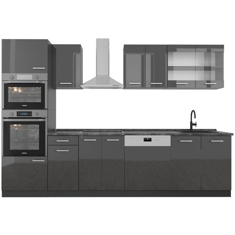 Vicco - Cuisine R-Line, Anthracite brillant/anthracite, 300cm avec armoire haute, pt Anthracite