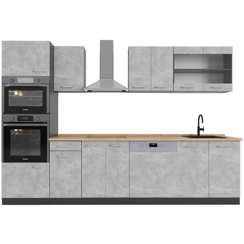 Vicco - Cuisine R-Line, Béton/Anthracite, 300cm avec armoire haute, sans pt