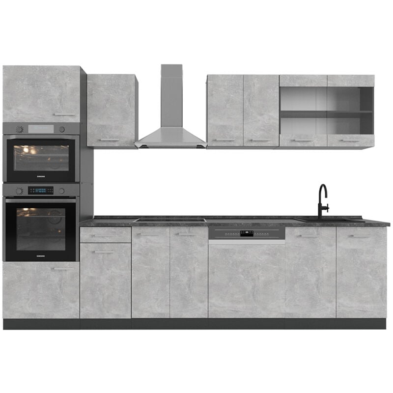 Cuisine R-Line, Béton/Anthracite, 300cm avec armoire haute, pt Anthracite Vicco