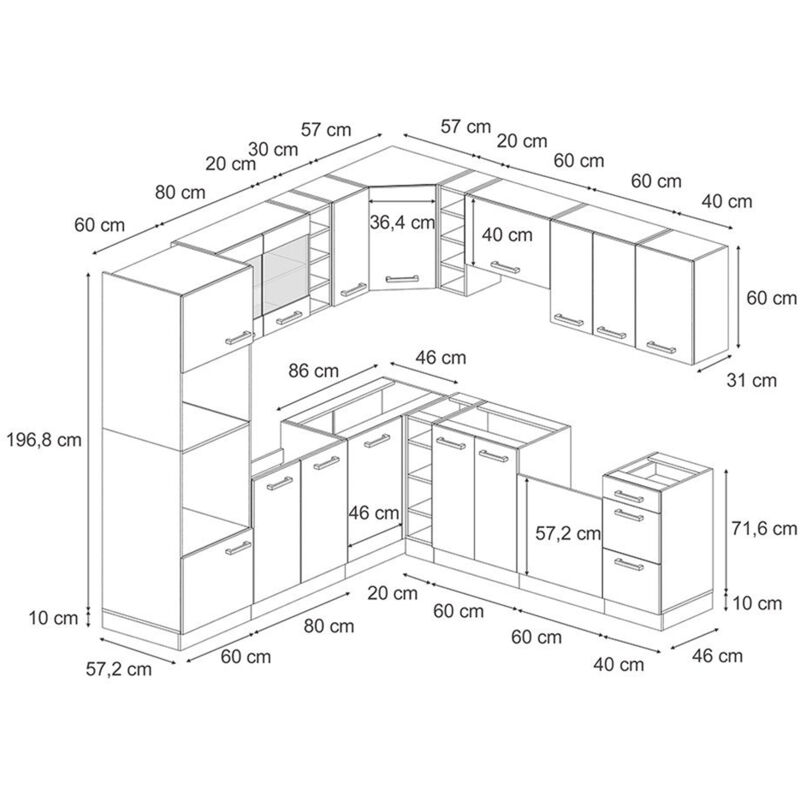 Cuisine en angle R-Line, Béton/Anthracite, 237x60cm sans PT, Vicco