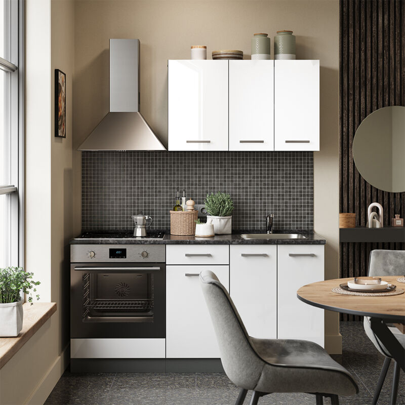 Vicco – Cuisine complète R-Line 160cm – Blanc brillant et anthracite – Panneau de particules 16mm – Pieds réglables en hauteur