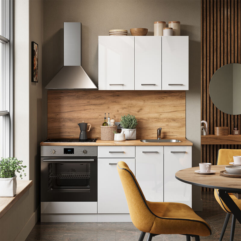 Vicco – Cuisine complète R-Line 160cm – Blanc brillant – Meuble four encastrable – Panneau de particules 16mm – Pieds réglables en hauteur
