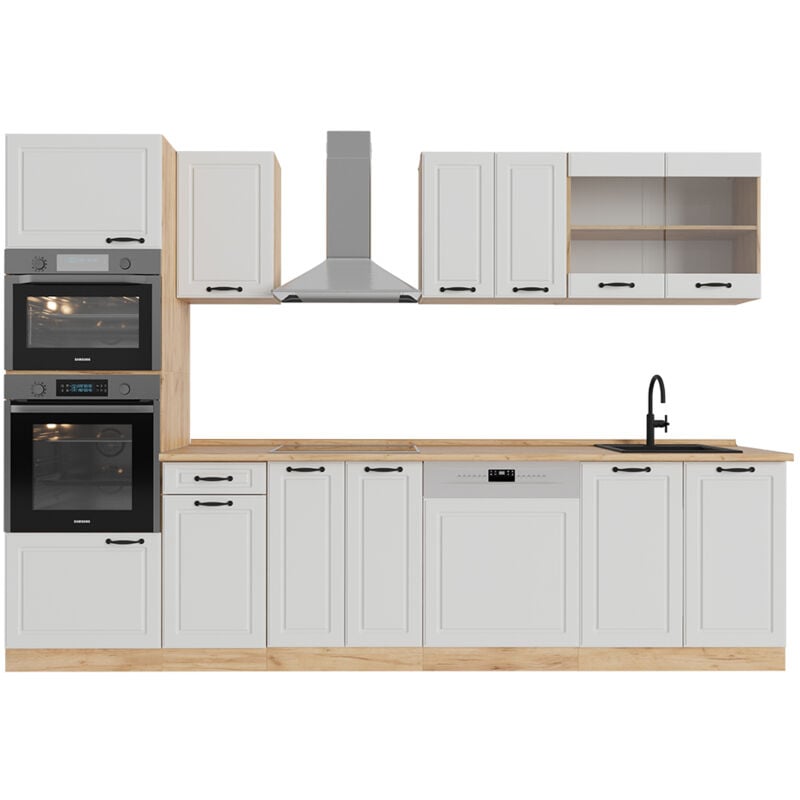 Vicco - Cuisine R-Line, Blanc campagnard/Chêne doré, 300cm avec armoire haute, sans pt