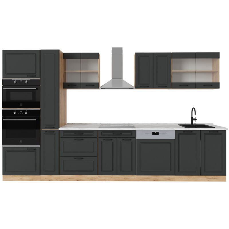 Vicco - Cuisine complète R-Line, Anthracite Campagne/Chêne doré, 350cm, pt Marbre