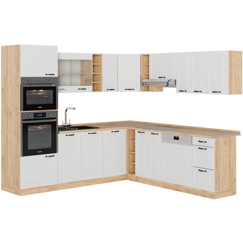 Vicco - Cuisine en angle R-Line, Blanc campagnard/Chêne doré, 237x60cm sans pt