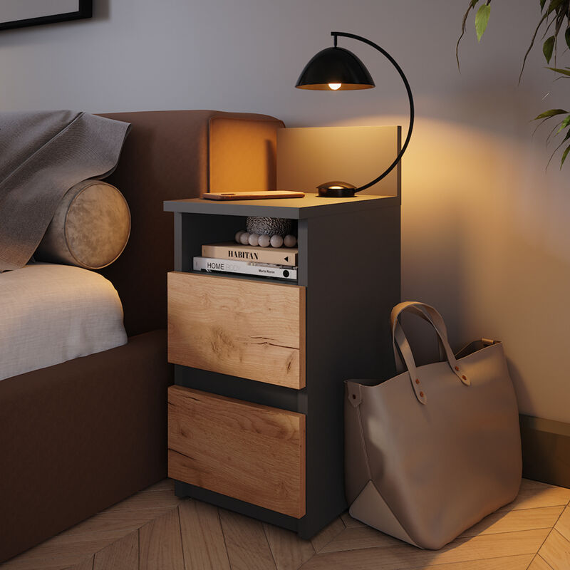 Table de nuit Monty, Anthracite/chêne doré, 25x59.1cm Lot de 2 Vicco