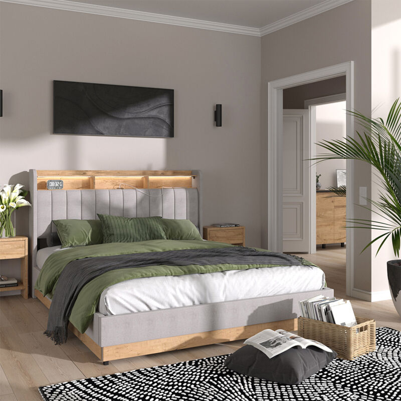 Vitalispa - Lit rembourré Nura, Gris, 167.5x216cm avec 4 tiroirs