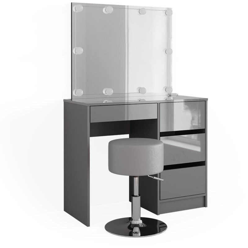 Vicco - Coiffeuse Sherry, Gris, 90 cm avec éclairage led et tabouret