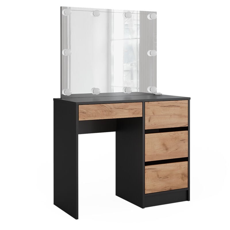 Coiffeuse Sherry, Anthracite/chêne doré, 90x75cm avec miroir & éclairage led Vicco