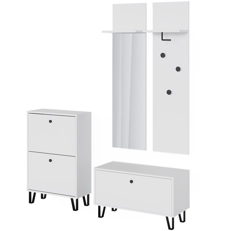 Vicco - miroir mural Siri, Blanc, Ensemble avec portemanteaux muraux, banc et armoire à chaussures