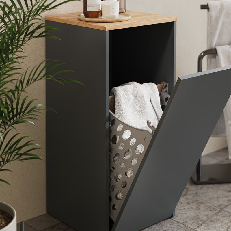 Vicco - Armoire de salle de bain Viktor, Anthracite/chêne doré, 40.2x88.2cm avec panier à linge