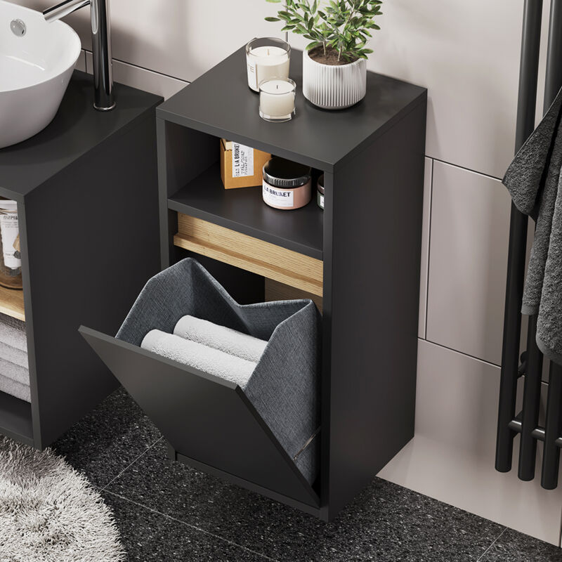 Badschrank Viola, Grau/artisan, 38 X 80 Cm Mit Wäschkorb, Vicco