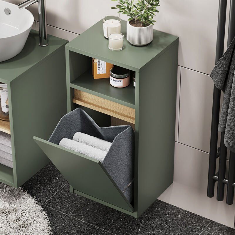 Armoire de salle de bain Viola, Vert/Artisan, 38x80cm avec panier à linge, Vicco