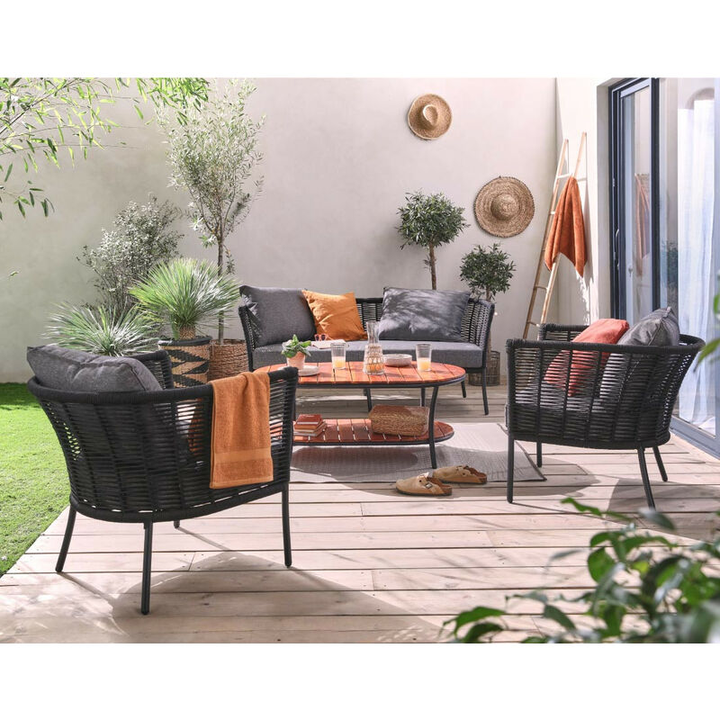Moana - salon bas de jardin 4 pl + table - corde, métal et bois - noir coussins gris - housse de protection - cordage noire, acier, bois et coussins