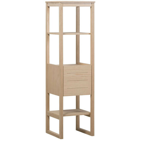 Mob-In – Colonne de salle de bain chêne 145 cm – 4 niveaux de rangement – Piétement en acacia massif – Label FSC pour gestion responsable