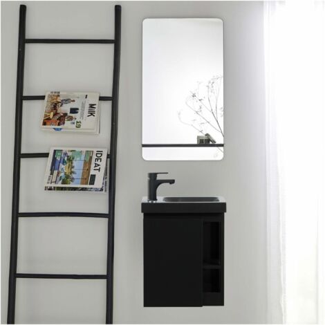 Mob-In – Ensemble lave-mains HAMPTON – Rangement latéral – Miroir tablette noire – Vasque en résine – Dimensions 40x48x22,5 cm