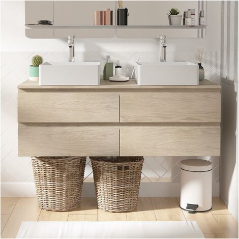 Mob-In – Meuble double vasque suspendu 120cm – Décor chêne – 4 tiroirs spacieux – Installation facile à suspendre – Compatible vasque céramique