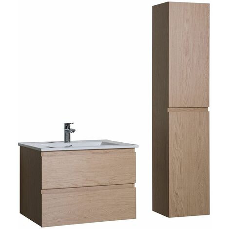 Mob-In – Ensemble meuble simple vasque 60cm – Colonne de salle de bain 140cm – Panneau mélaminé décor chêne – Rangement optimisé