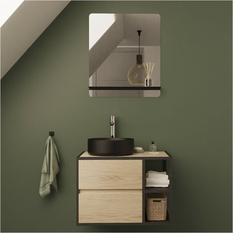 Mob-In – Ensemble meuble salle de bain 70 cm – Vasque noire céramique incluse – Miroir Sorrento 60x70 cm – Design moderne et industriel