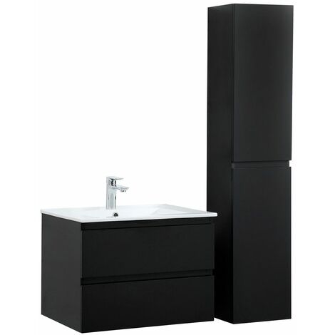Mob-In – Ensemble meuble simple vasque 60cm – Colonne assortie – Panneau de particules mélaminé – Dimensions : 59,5x43,5x43,5cm – Noir carbone