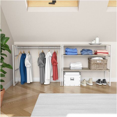 Mob-In – Lot de 2 portants modulables 200x85cm – Métal blanc et étagères chêne naturel – Fixation murale recommandée – Pour espaces sous combles