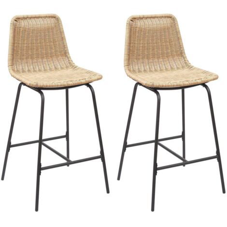 Mob-In – Lot de 2 tabourets de bar KUTA en métal noir – Assise en rotin synthétique 65cm – Repose-pieds intégré – Design bohême chic