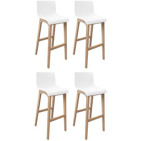 Mob-In – Lot de 4 tabourets de bar en chêne naturel et assise plastique blanche – Hauteur 75 cm – Repose-pieds intégré pour confort durable