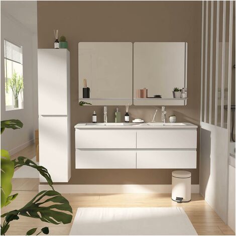 Mob-In – Meuble double vasque 120 cm – Plan céramique blanc – 4 tiroirs avec fermeture progressive – Miroirs avec tablette métallique – Robinet mitigeur noir mat
