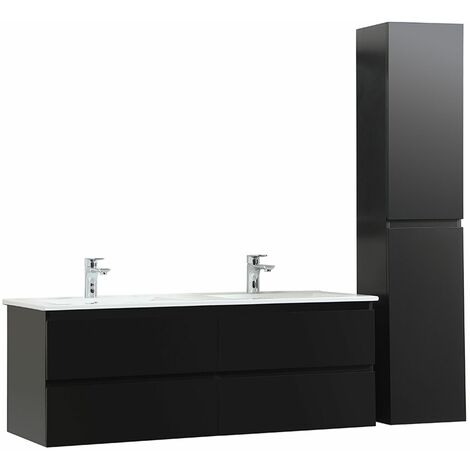 Mob-In – Ensemble meuble double vasque suspendu 120 cm – Vasque en céramique – Colonne de rangement noir carbone 140 cm – Tiroirs avec fermeture progressive
