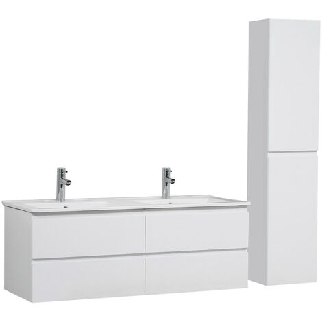 Mob-In – Ensemble de meubles de salle de bain double vasque blanc 120 cm – Plan en céramique – 4 tiroirs avec fermeture progressive – Colonne 140 cm