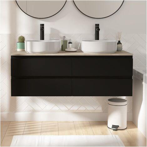 Mob-In – Meuble double vasque suspendu SORRENTO 120 cm – Plan bois chêne – 2 vasques céramique DIEGO – 4 tiroirs résistants à l'usure – Robinet noir mat GRIFO