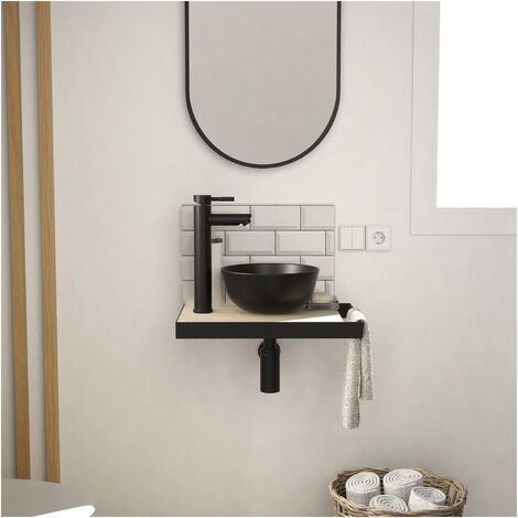 Mob-In – Meuble lave-mains 45 cm avec vasque noire en céramique – Miroir ovale 70 cm – Porte-serviettes latéral – Structure métallique noire