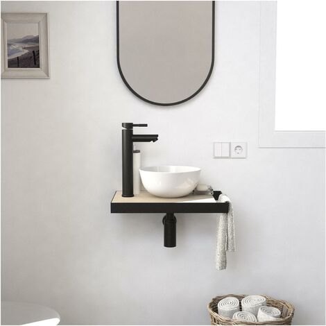 Mob-In – Meuble lave-mains SOHO 45 cm – Vasque céramique blanche – Porte-serviettes latéral – Miroir ovale noir – Pose suspendue