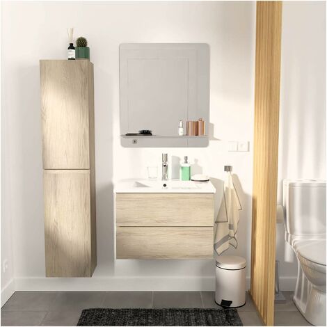 Mob-In – Meuble simple vasque 60cm – Vasque en PPM, miroir 60cm, colonne 140cm – Style Sorrento décor chêne – Rangement optimisé salle de bain